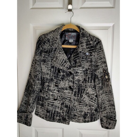 BKE Wool Blend Pea Coat Women's Medium Button Black White Beaded Chains - Picture 1 of 6
